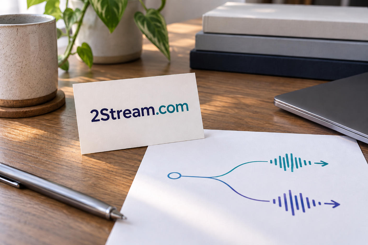 2Stream.com card beside a hand-drawn dual-stream waveform
